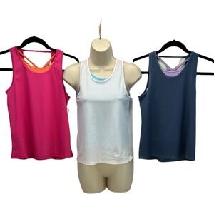 Ideology Sleeveless Layered Mesh Workout Tank Top -Bundle of 3 - White Blue Pink